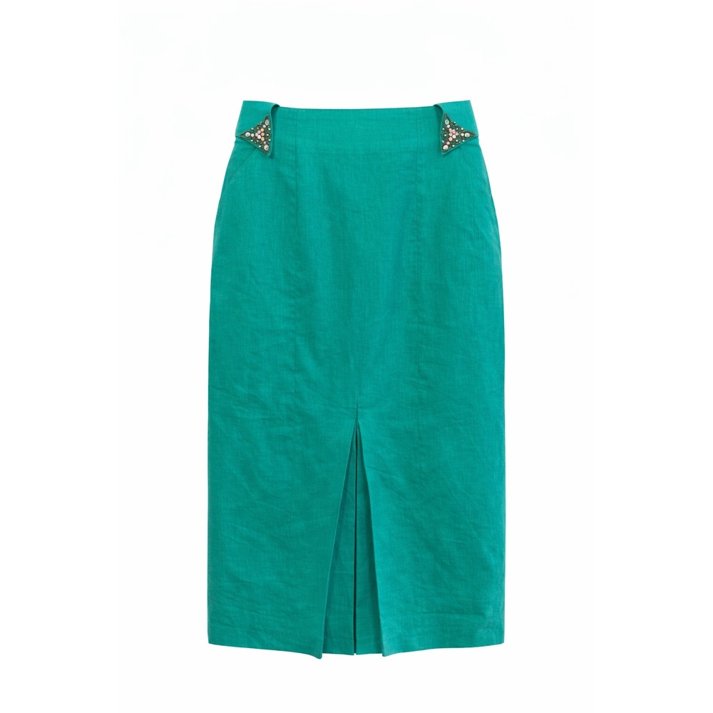 Joseph Ho Green Ramie Cotton Pencil Skirt Embellished Waist Size 6 Vintage - Picture 2 of 13